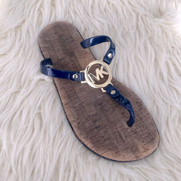 Michael Kors Mira jelly thong sandals Gold logo Navy Blue Beach Vacation Casual - Picture 3 of 7